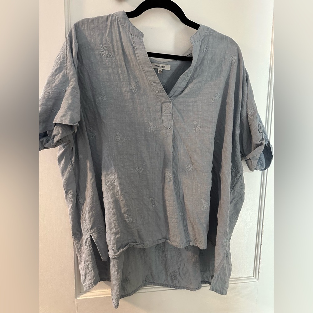 Madewell Cotton-Blend Flowy V-Neck Blue Top Size XL